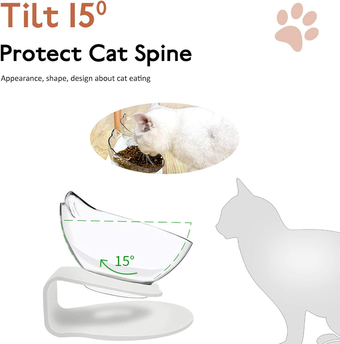 WELLXUNK® Cat Feeding Bowls, Cat Food Bowl With Raised Stand, 15°Tilted Anti-Slip Cat Bowl, Detachable, Non-Slip and Splash-Proof, For Food and Water Feeder, For Cats And Puppies (Transparent)