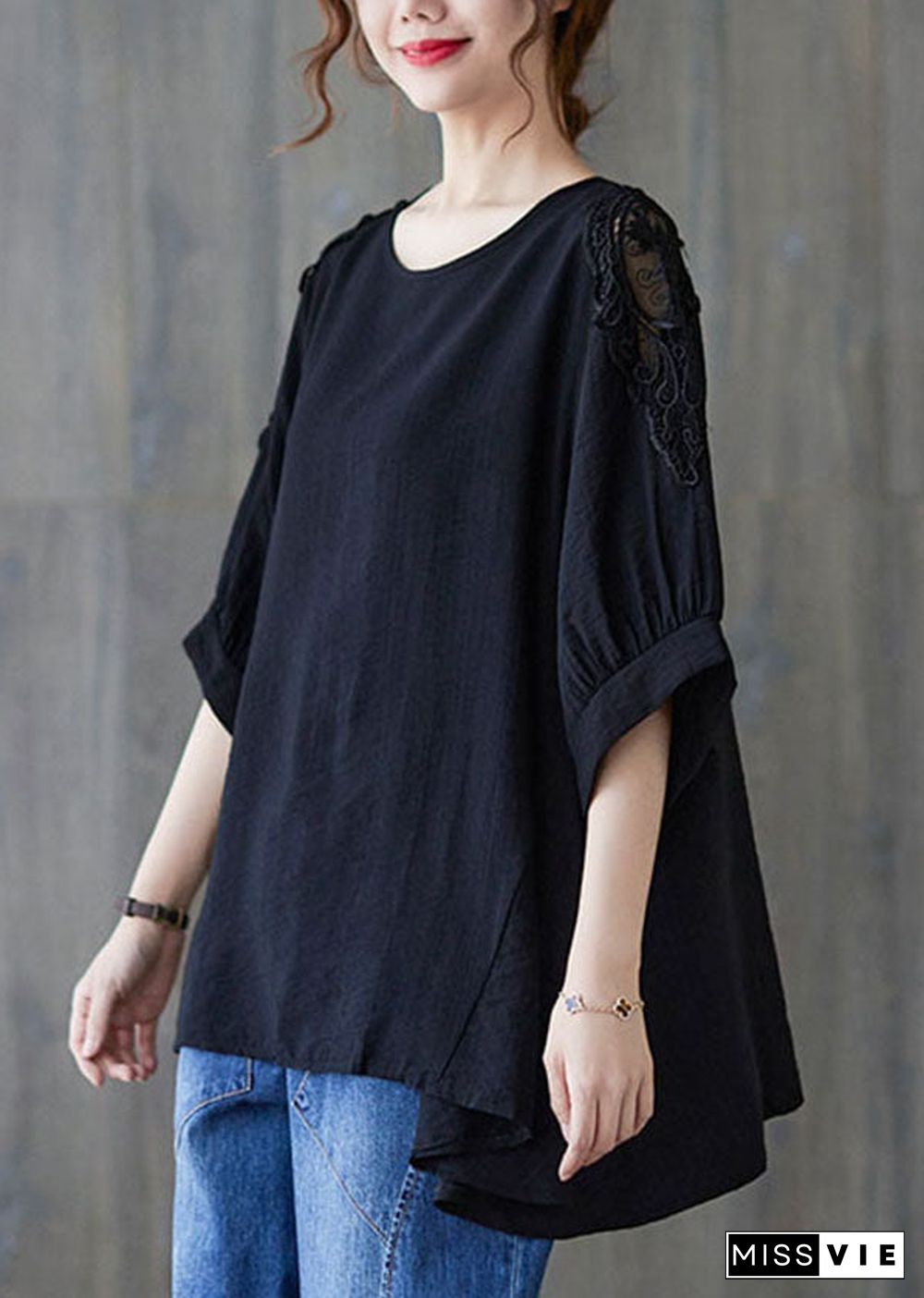 Black Lace Patchwork Cotton T Shirt Top Asymmetrical Summer