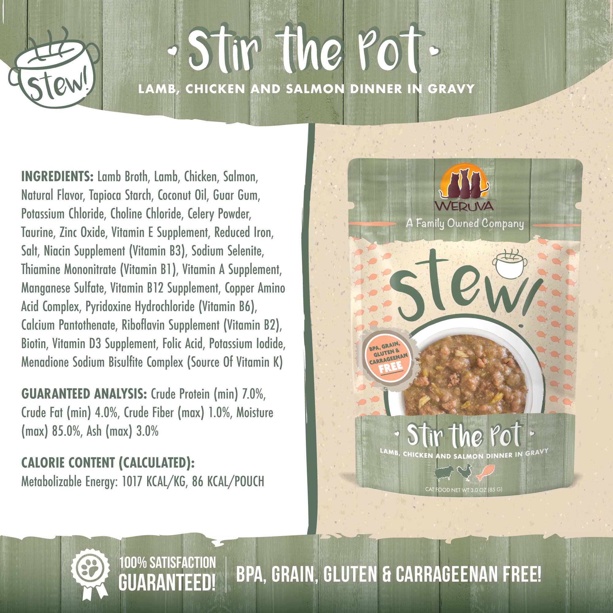 Weruva Stew! Stir the Pot Lamb， Chicken and Salmon Dinner in Gravy Wet Cat Food， 3 oz.， Case of 12