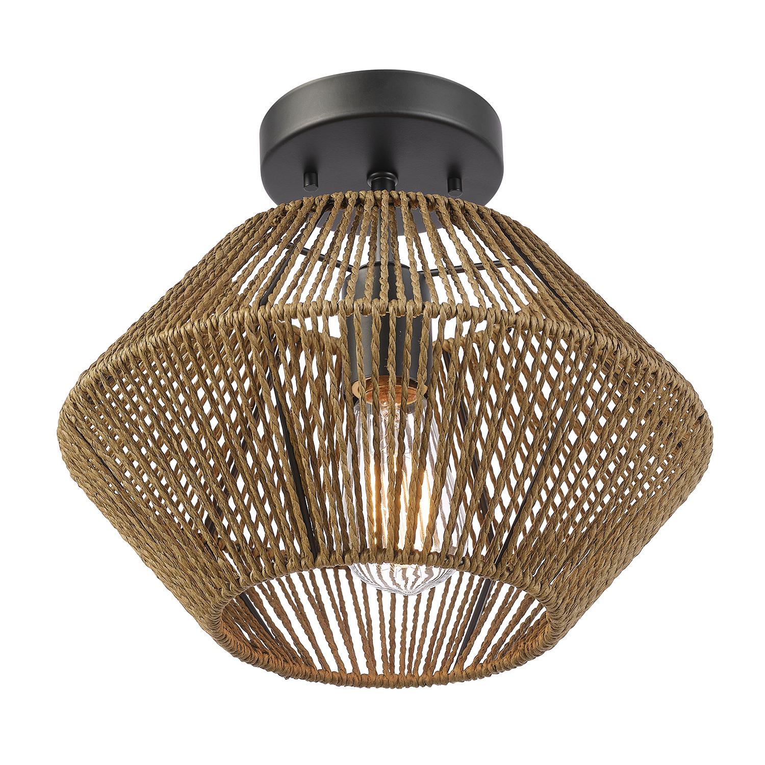 Globe Electric Terra 1-Light Matte Black Flush Mount Ceiling Light with Natural Twine Shade， 91000920