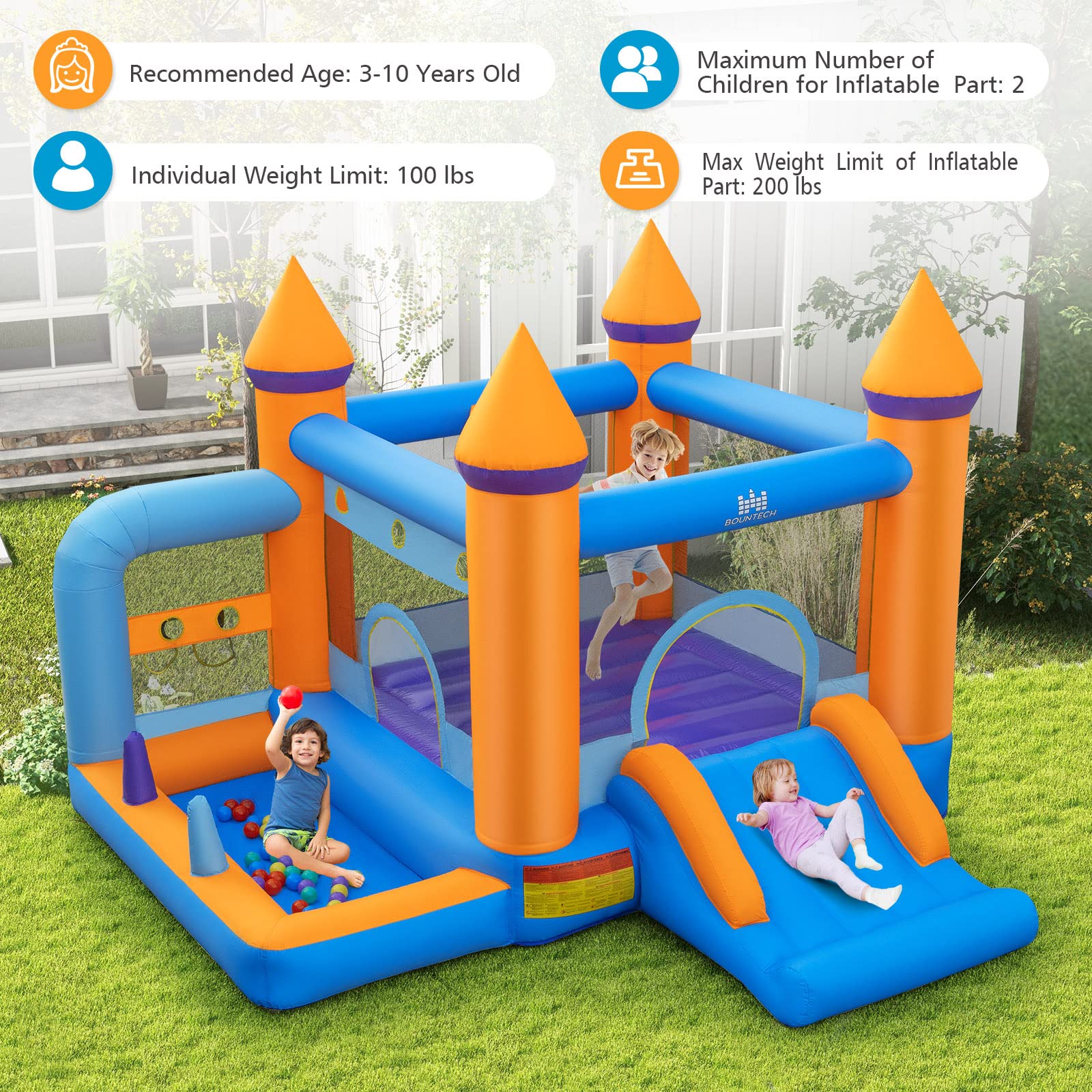 BOUNTECH Inflatable Bounce House, Bouncy House for Toddler Kids 5-12 Backyard Party Fun w/735W Blower, Basketball Hoop, Ball Throwing