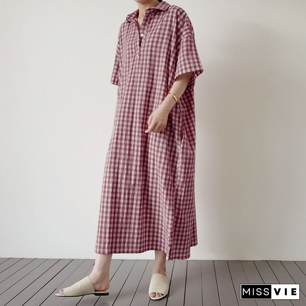 Women Half Sleeve Collared Kaftan Casual Grid Printed Button Down Plus Size Long Maxi Shirt Dress