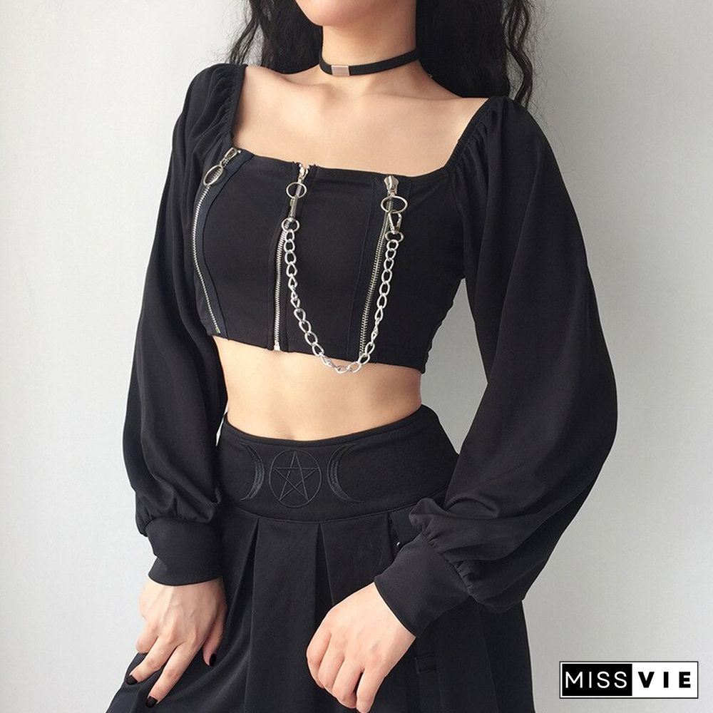 Chain Tees Women Zipper Square Collar Crop Tops Chic Slim Fit Long Sleeve T Shirt Backless Street Summer Fashion New