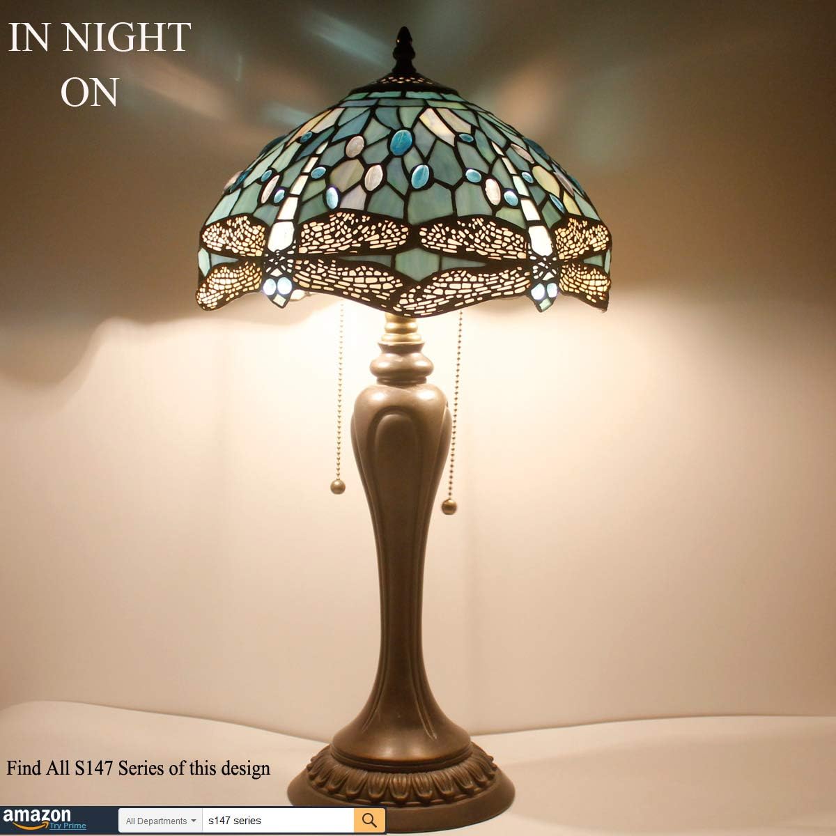 GEDUBIUBOO Tiffany Table Lamp Sea Blue Stained Glass Dragonfly Style Bedside Lamp Desk Reading Light 12X12X22 Inches Decor Bedroom Living Room  Office S147 Series