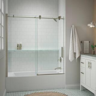 KOHLER Cursiva 59.875 in. W x 62 in. H Sliding Frameless Bath Tub Door in Anodized Brushed Nickel K-707626-8L-BNK