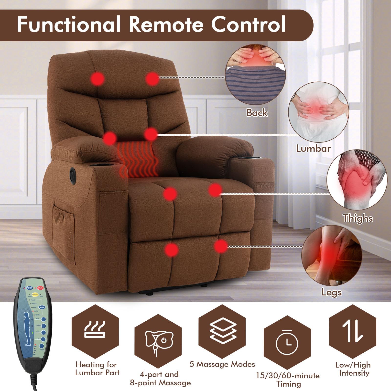 Giantex Recliner Chair, Electric Power Lift Recliner Sofa with Massage and Heat, Adjustable Backrest & Footrest