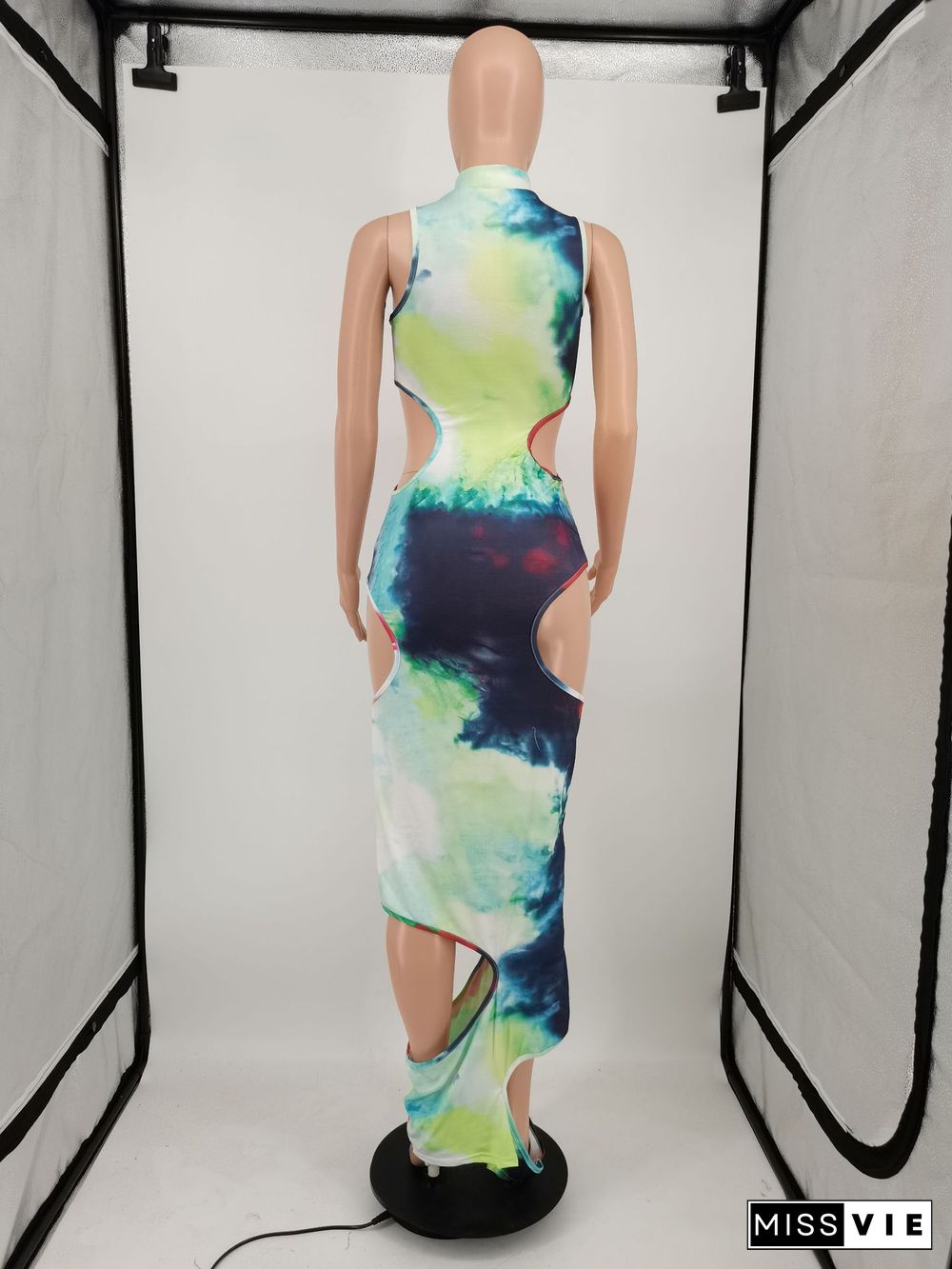 Summer Sexy Women Tie Dye Print Sleeveless Hollow Out Bodycon Club Party Maxi Dress