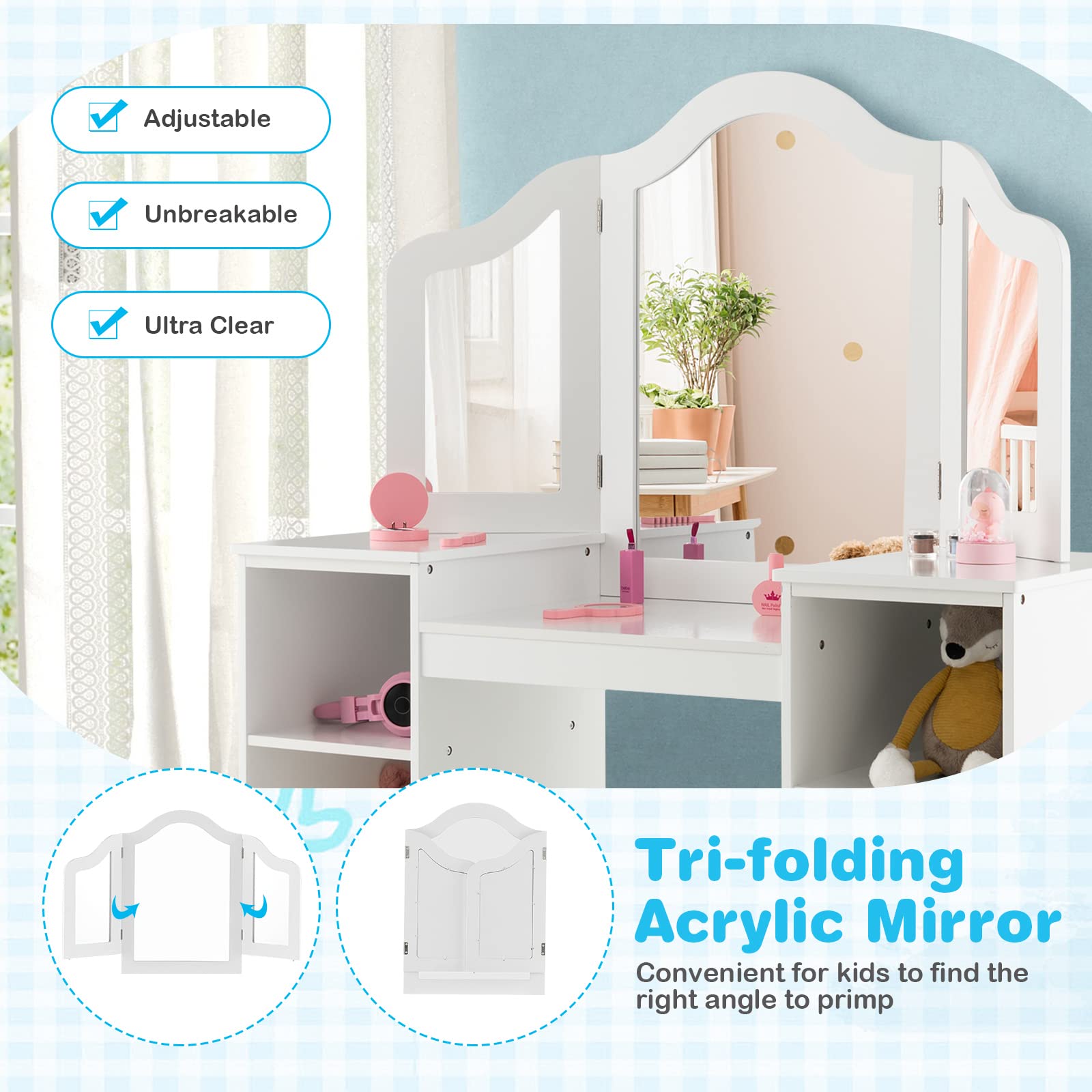 Costzon Kids Vanity Set, 2 in 1 Princess Makeup Dressing Table with Detachable Tri-Folding Mirror