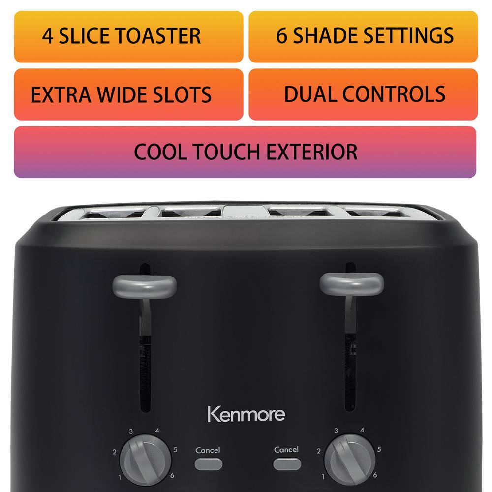 KENMORE Kenmore 4-Slice Toaster with Dual Controls Matte Black and Grey Wide Slots Adjustable Browning KKTS4SB