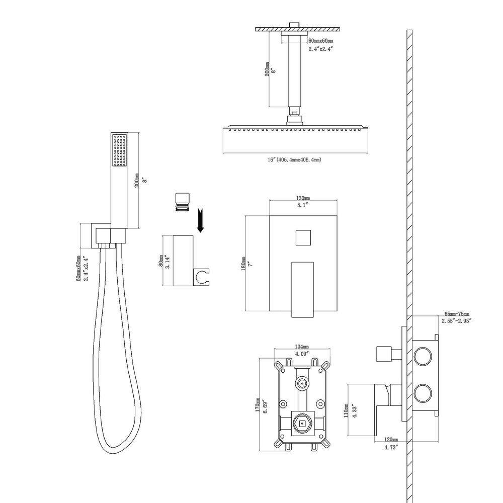 Logmey 2-Spray Patterns with 1.8 GPM 16 in. Ceiling Mount Dual Shower Head and Rough-In Valve Trim Kit in Matte Black LM-SLF16016-B