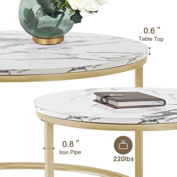 Modern Round Nesting Coffee Table Set， with 31.5 in White Faux Marble Top and Gold Metal Legs