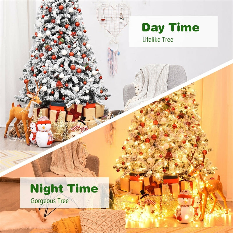 6/7.5/9FT Pre-Lit Hinged Artificial Christmas Tree, Premium PVC Snow Flocked Pine Tree with Metal Stand