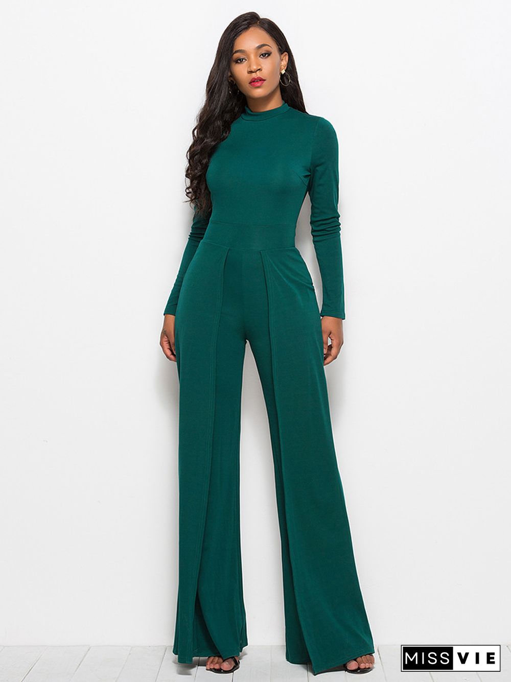 Fashion Crew Neck Long Sleeve Wide Leg Jumpsuit