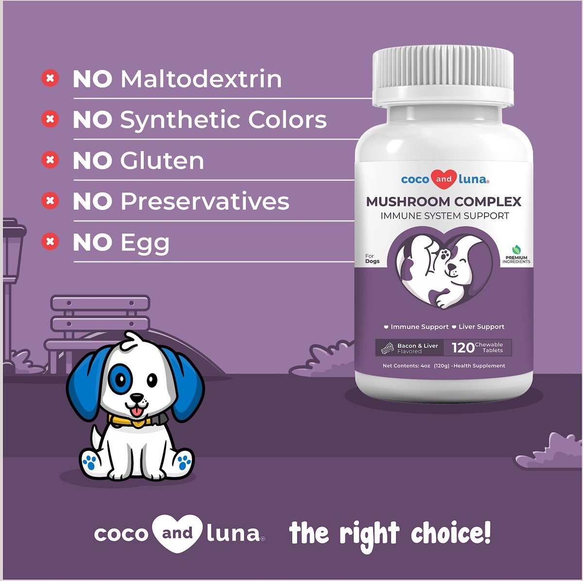 Coco and Luna Mushroom Complex Immune System Support Bacon and Liver Flavor Chewable Tablets Dog Supplement， 120 count