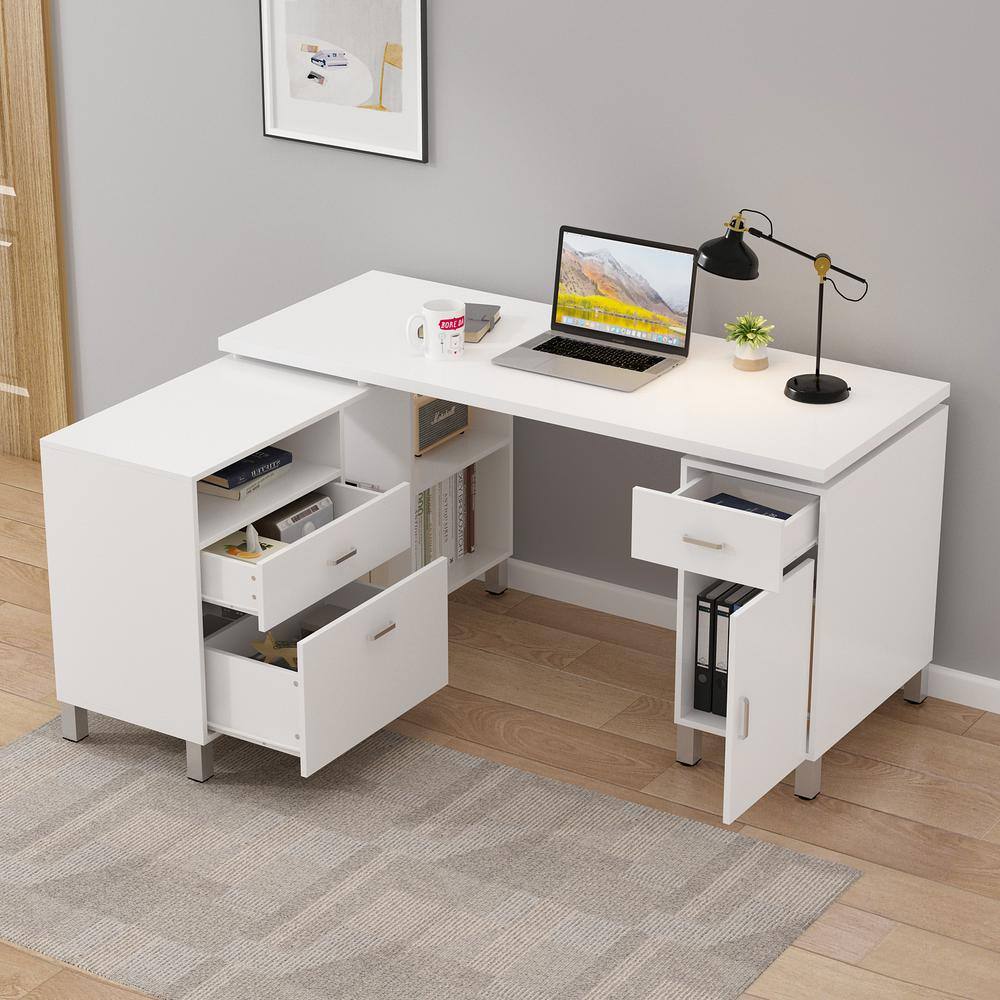 FUFUGAGA 59.1 in. Reversible L-Shaped White Wood Executive Desk Writing Table With Shelves Drawers and Door Cabinet Office Use KF210174-012-c