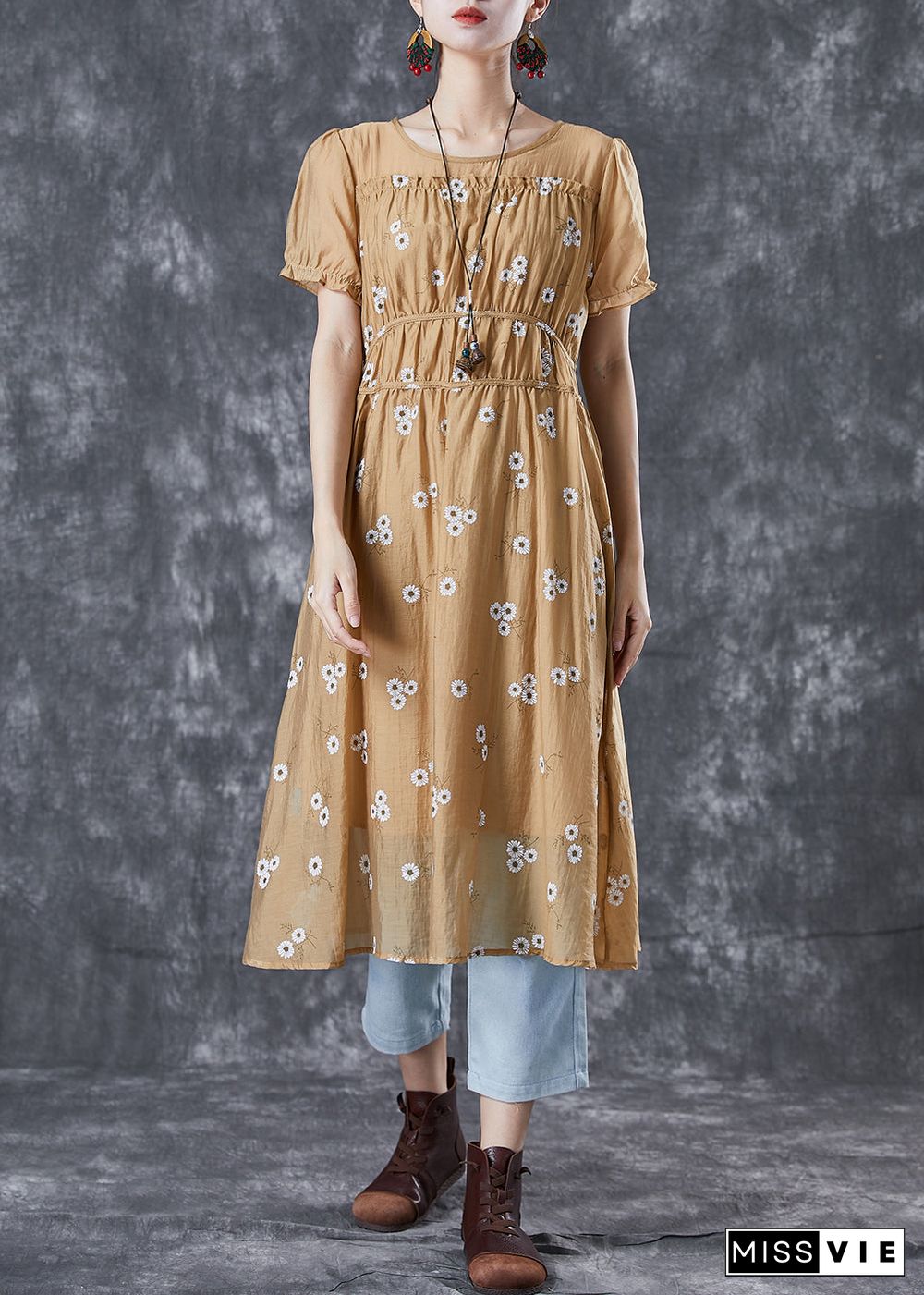 Vogue Khaki Puff Sleeve Patchwork Print Wrinkled Chiffon Dress Summer