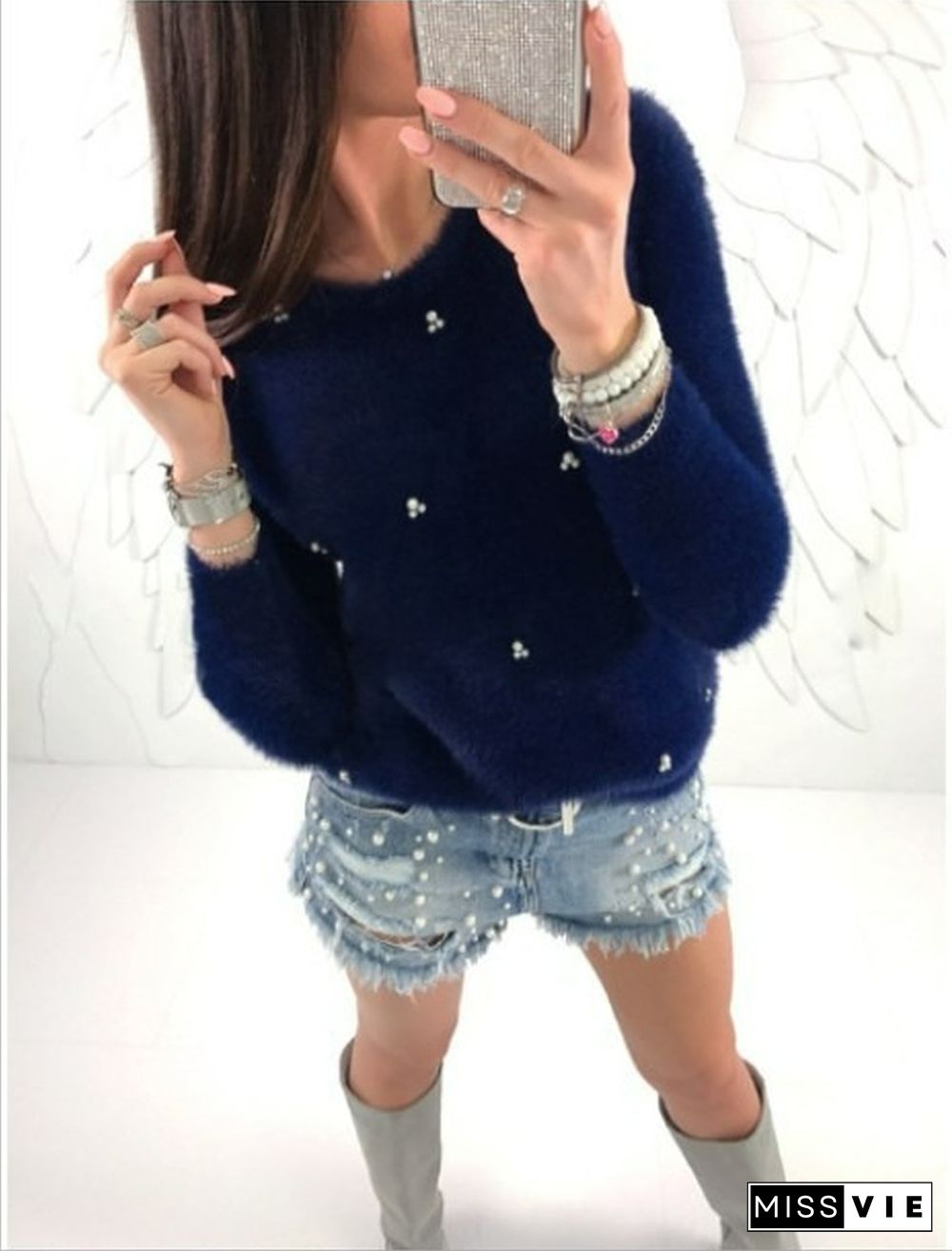 Multicolor Fashion Sweaters Women Solid Color Plush Beaded Long Sleeve Pullover Jumper Long Sleeve Top