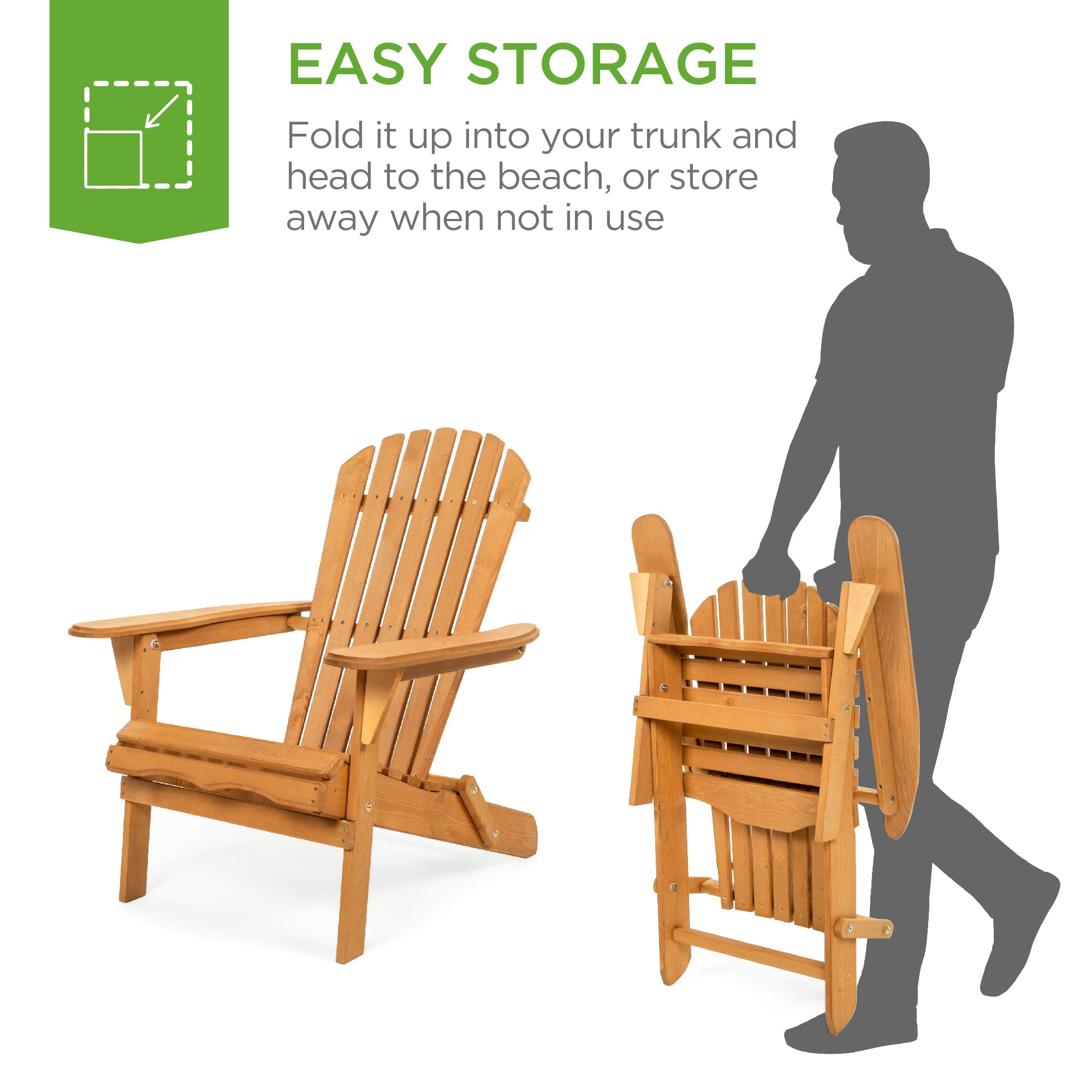 Best Choice Products Folding Adirondack Chair Outdoor Wooden Accent Lounge Furniture for Yard, Patio w/ Natural Finish