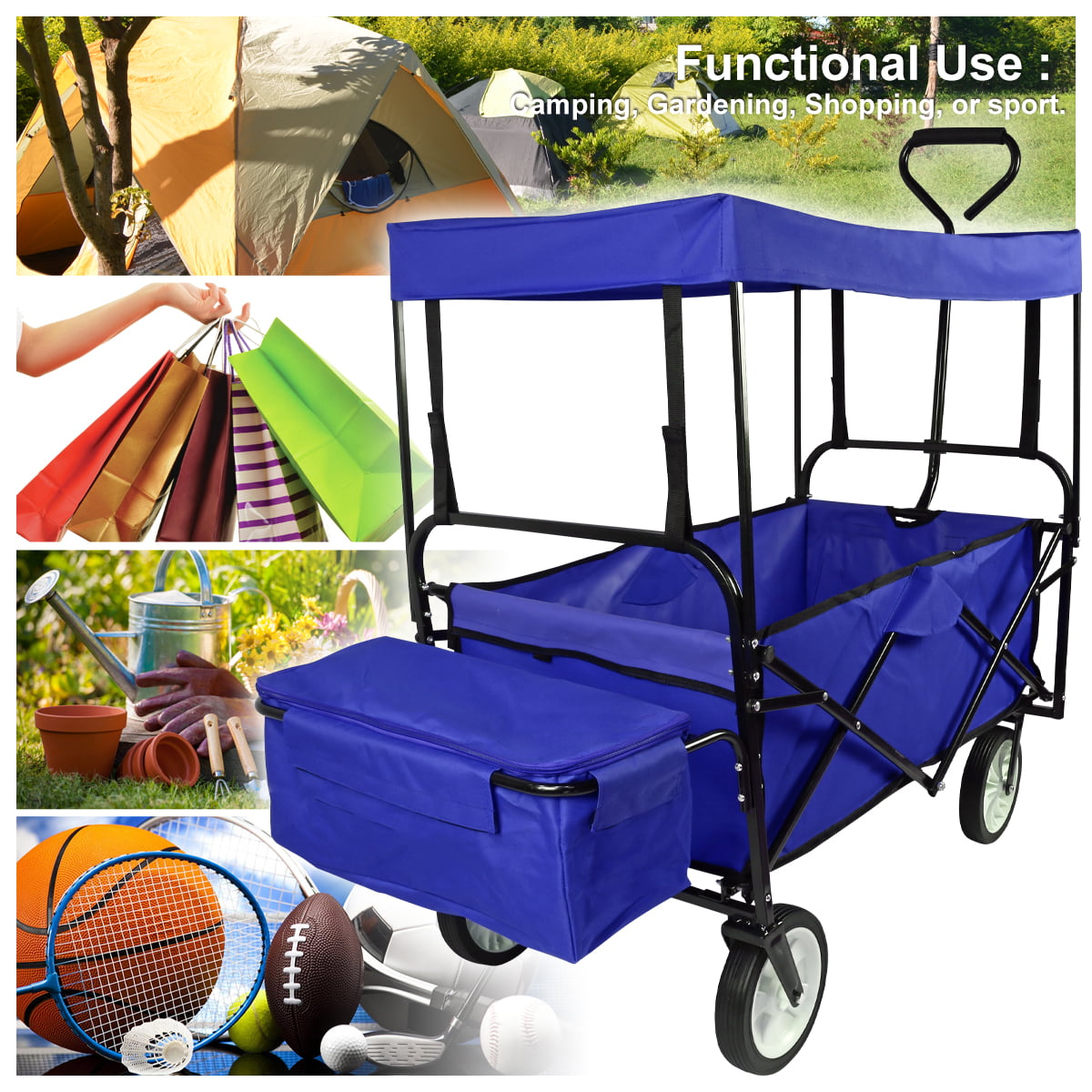 Geniqua Blue Utility Collapsible Folding Wagon Cart w/Canopy Garden Beach Toy Sport Buggy