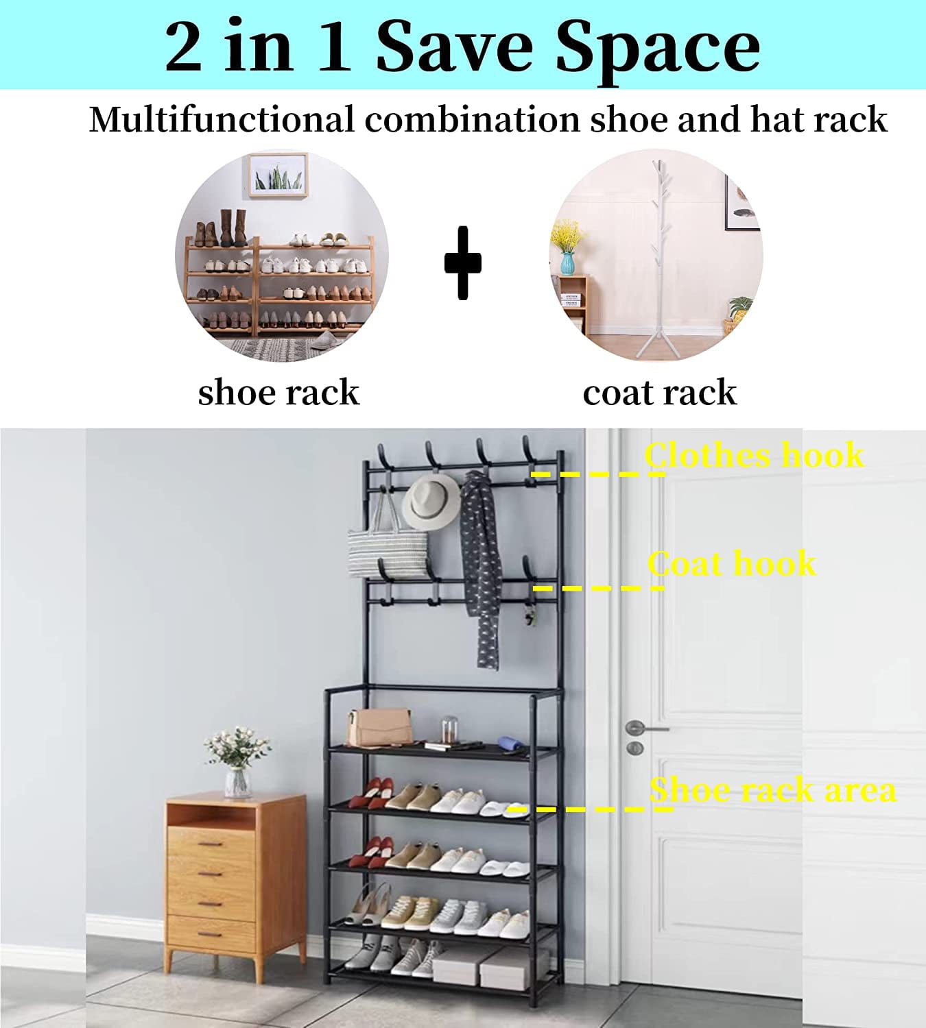 3-in-1 Entryway Coat Rack， Clothes Rack with Shoe Storage Bench， Multifunctional Hallway Organizer 5-Tier Shoe Rack 16 Hooks， Suitable for Hats， Clothing， Keys， Umbrellas