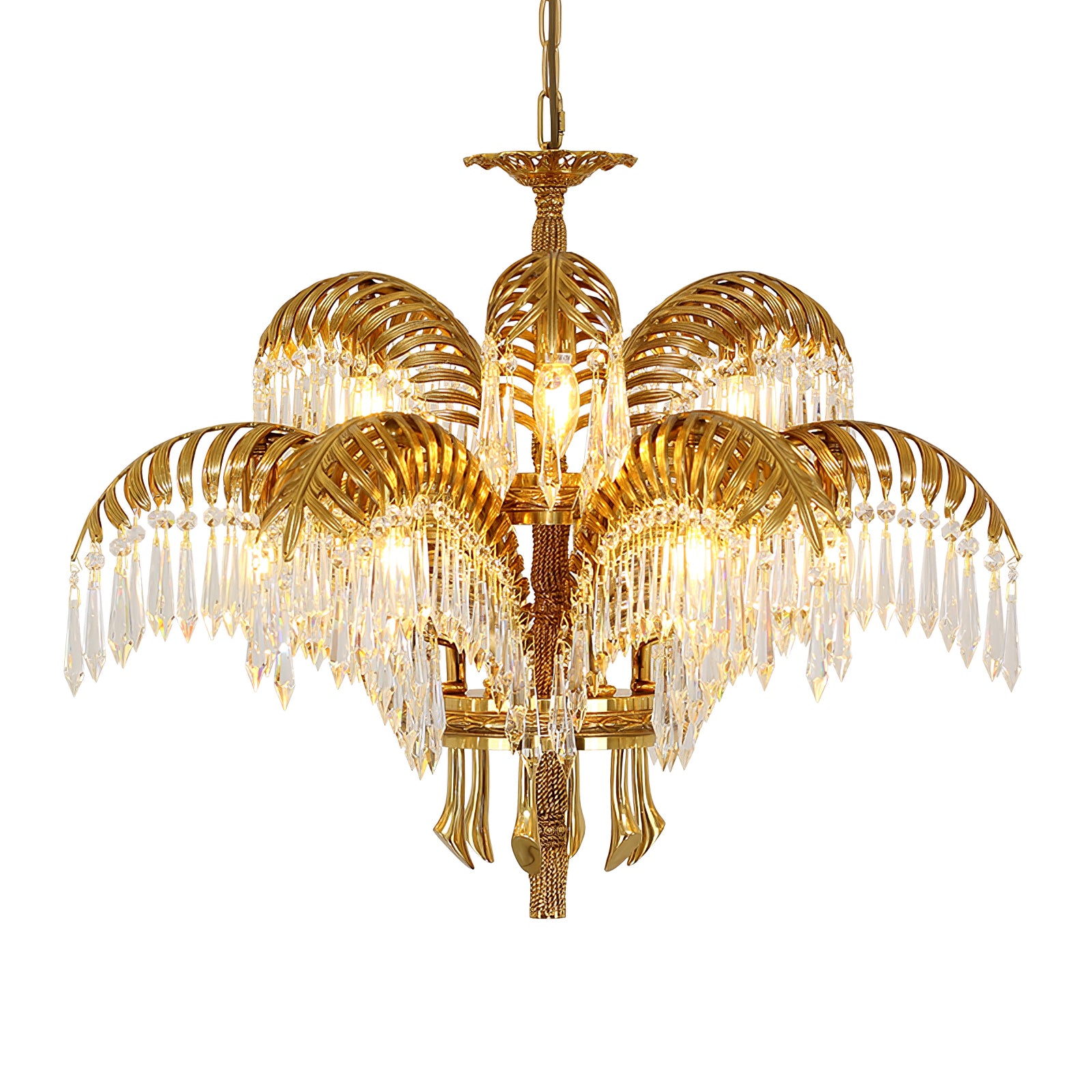 Brass Palm Leaf Crystal Chandelier