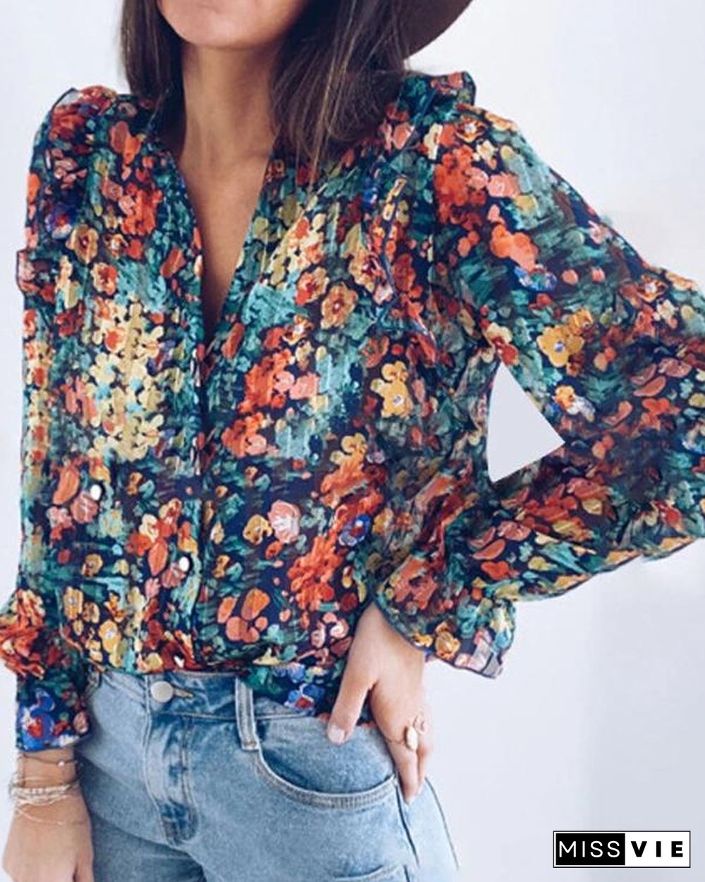 Plus Size Floral Print Casual Shirts Blouses