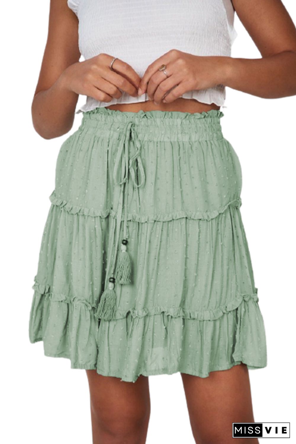 Smocked Waist Swiss Dot Frilled Tiered Mini Skirt