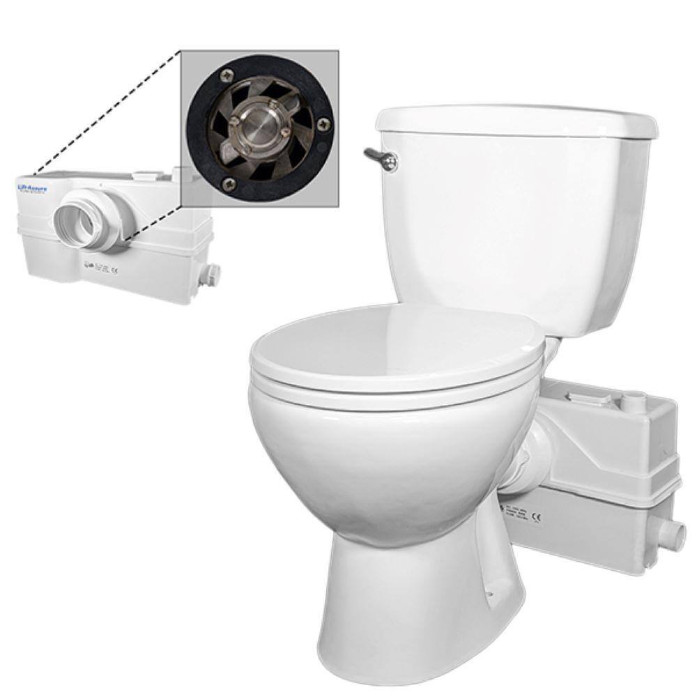 LIFT ASSURE Rear Outlet P-Trap Macerating 3-piece 1.28 GPF Dual Flush Round Toilet in White Seat Included Plus 1HP Pump LARound