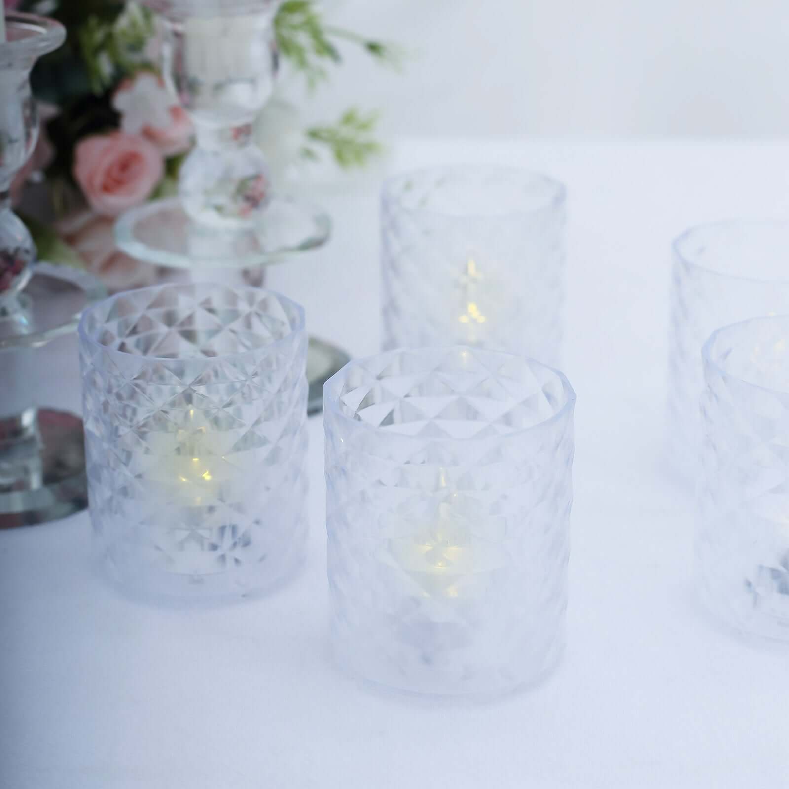 12 Pack Clear Acrylic Diamond LED Tealight Candle Holder Sets, Warm White Battery Operated Whiskey Glass Votive Candle Lamps 3