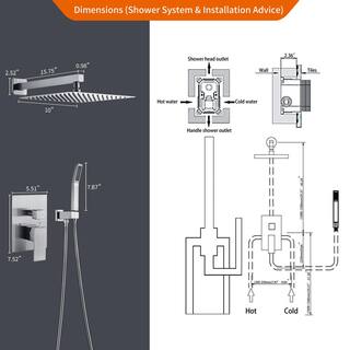 Zalerock Rainfall 1-Spray Square 10 in. Shower System Shower Head with Handheld in Brushed Nickel (Valve Included) KSA022