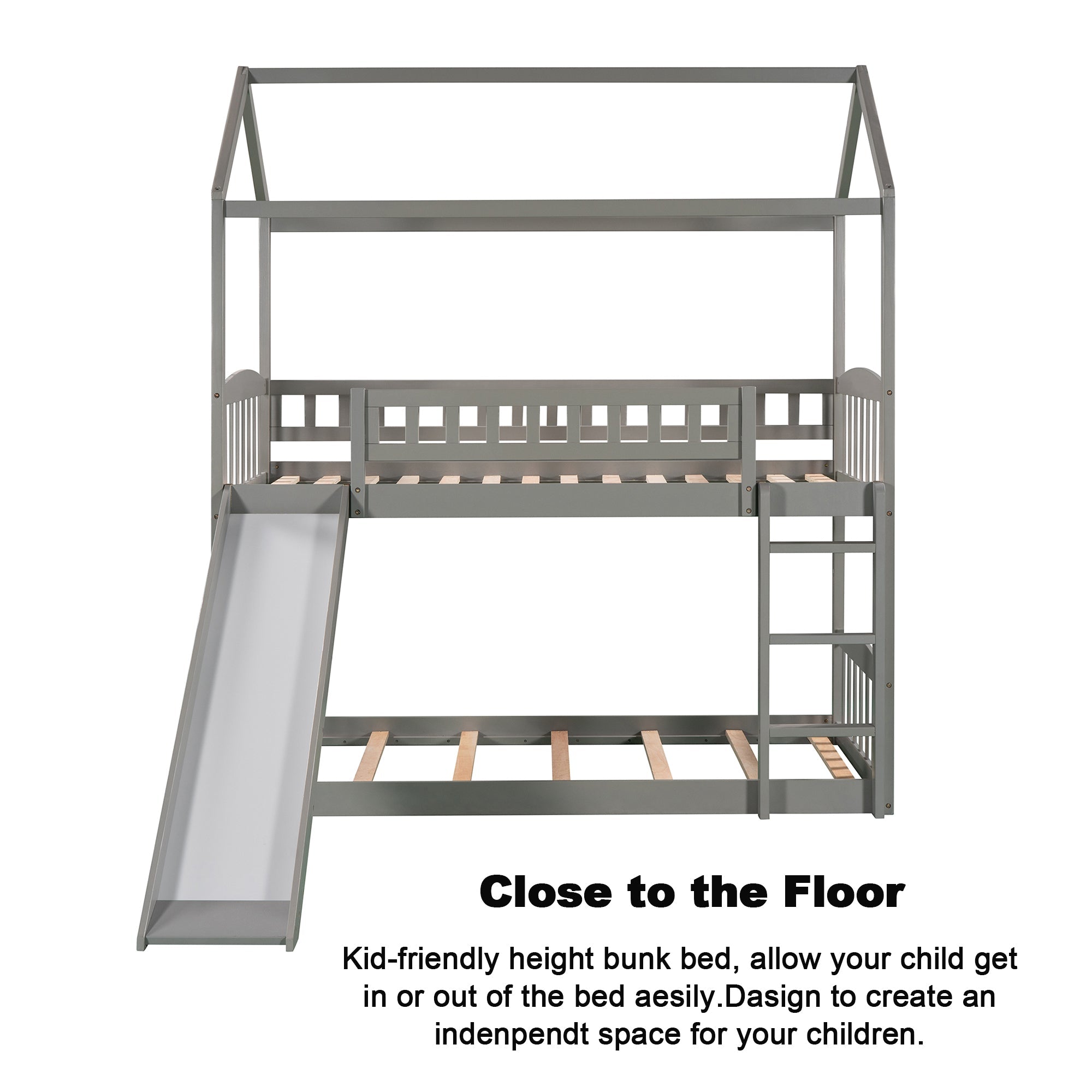 Bellemave Bunk Bed with Slide, Wood Twin Over Twin House Bed Frame with Ladder for Kids Teens(Gray)