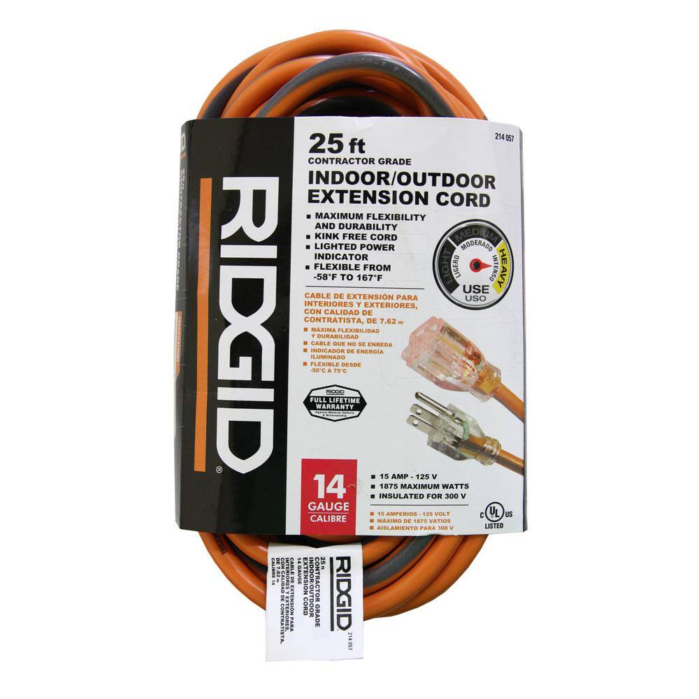 RIDGID 25 ft. 143 Heavy-Duty Contractor-Grade IndoorOutdoor Extension Cord in Orange and Gray (3-Pack) HD#214-057