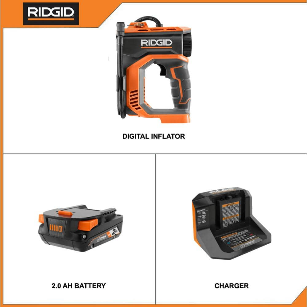 RIDGID 18V Cordless Digital Inflator Kit with 2.0 Ah Battery and Charger R87044KN