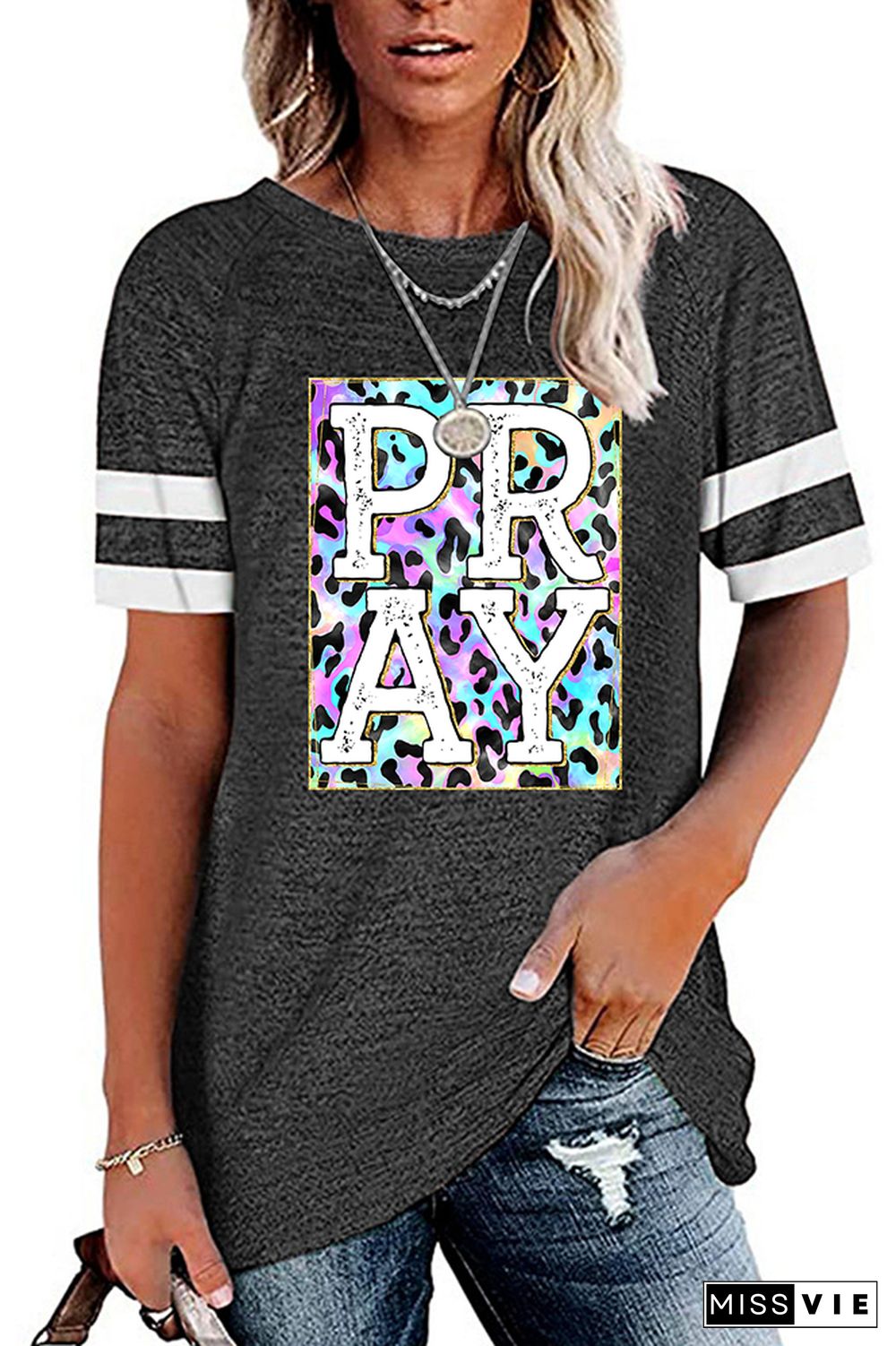 Pray Colorful Leopard Graphic Tee Wholesale