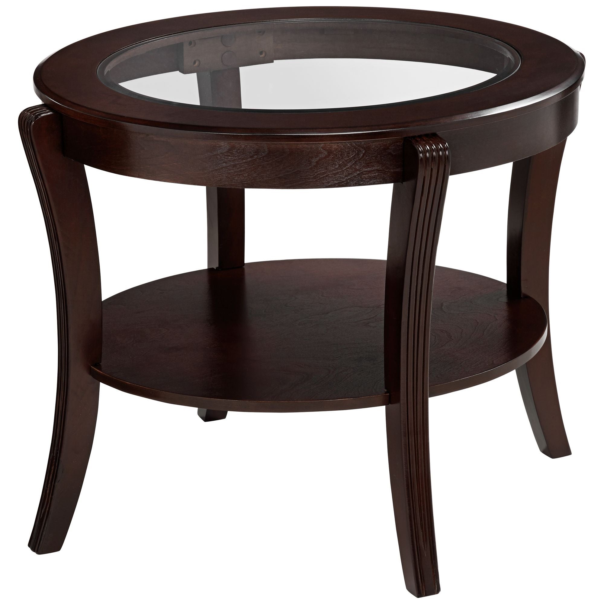 Oval Top Wooden End Table with Glass Insert and Open Shelf， Espresso Brown