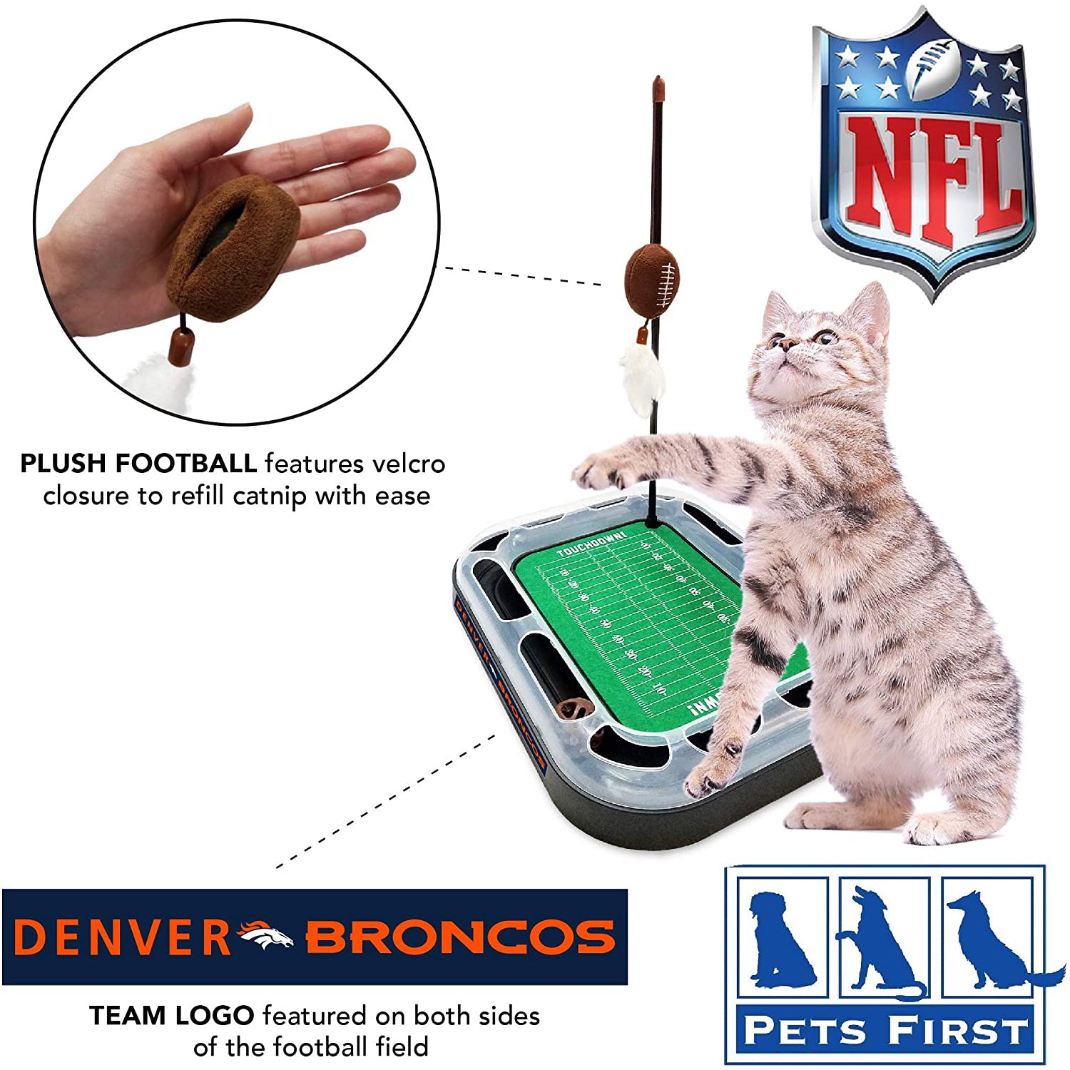 NFL Denver Broncos Cat Scratcher Toy with Catnip Plush and Feather Cat and Kitty Toy