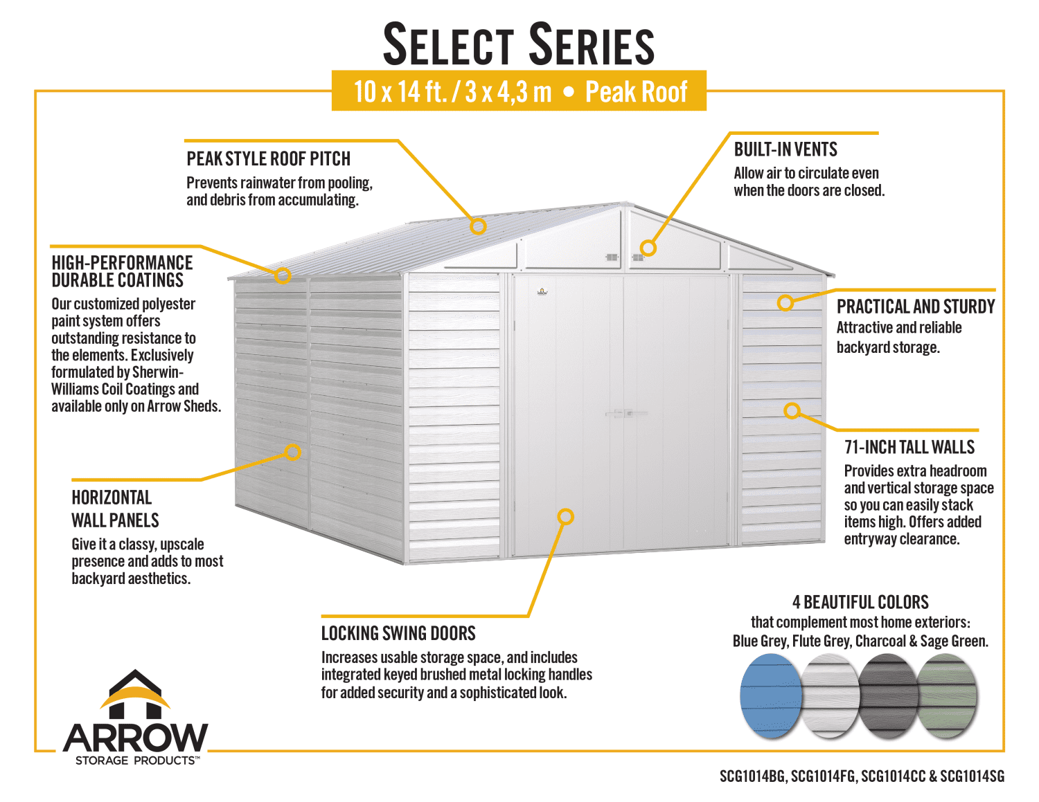 Arrow Select Steel Storage Shed, 10x14, Blue Grey