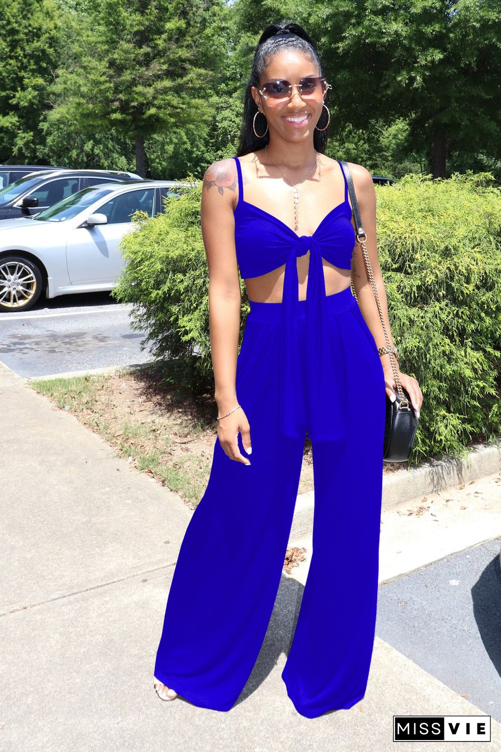 Sexy Solid Color Spaghetti Straps Bandage Wrap Chest Crop Top Loose Long Pants Two Piece Set