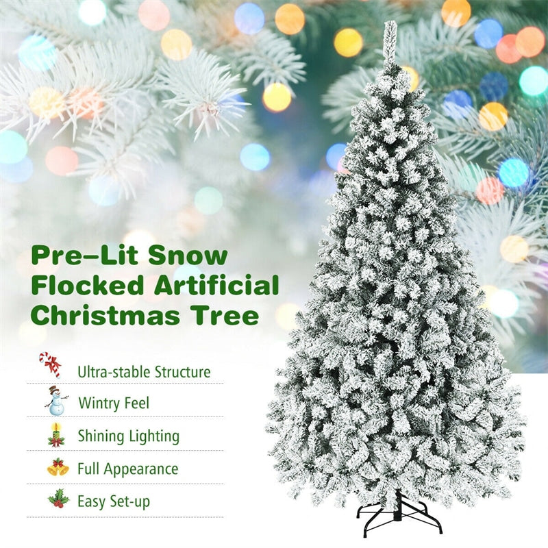 6/7.5/9FT Pre-Lit Hinged Artificial Christmas Tree, Premium PVC Snow Flocked Pine Tree with Metal Stand