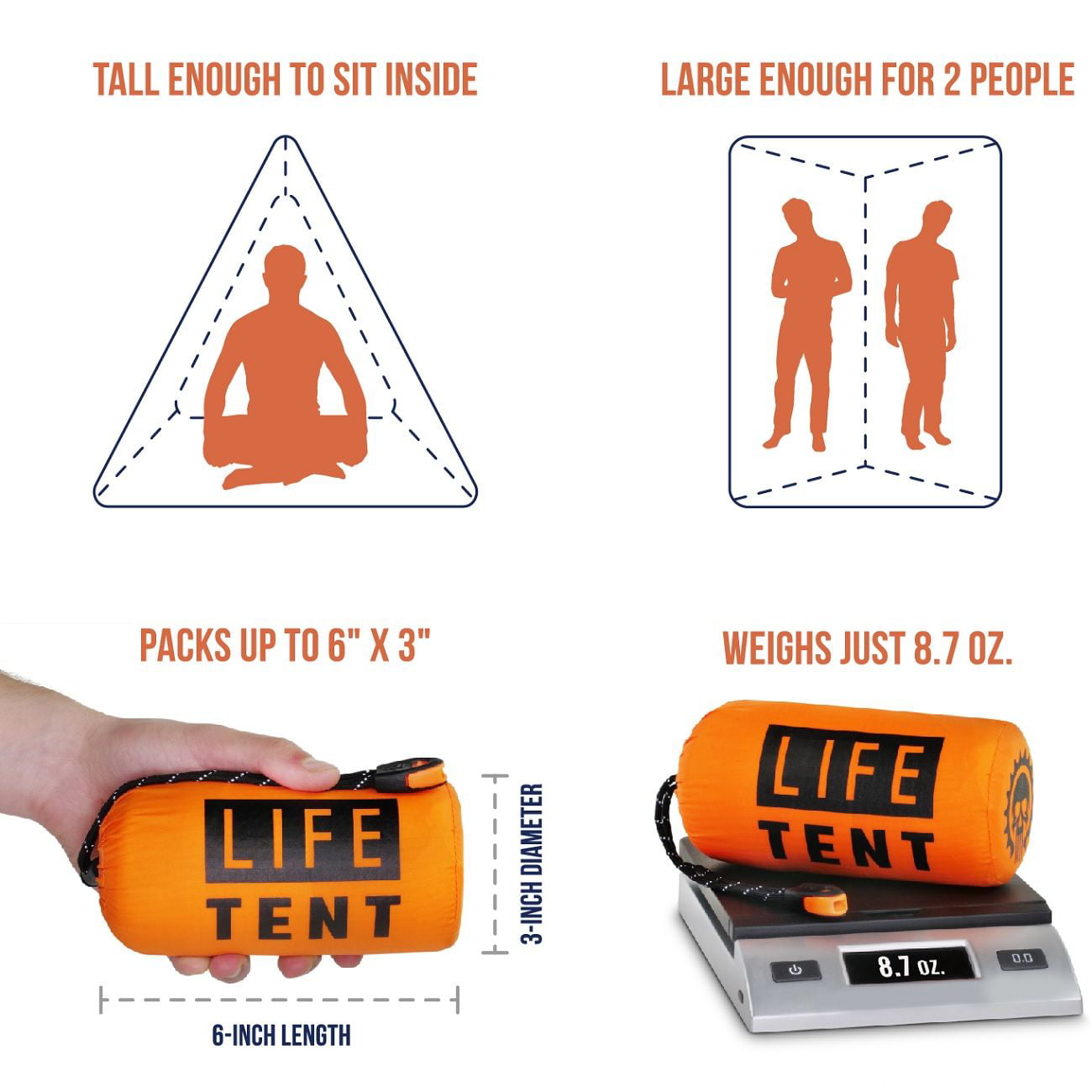 Go Time Gear | Life Tent Emergency Survival Shelter - 2 Person Tube Tent | Waterproof， Windproof， Thermal | Includes Survival Whistle， Paracord Rope and Portable， Lightweight Nylon Stuff Sack | Orange