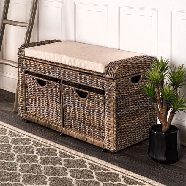 2 Drawer Wicker Storage Bench Gray