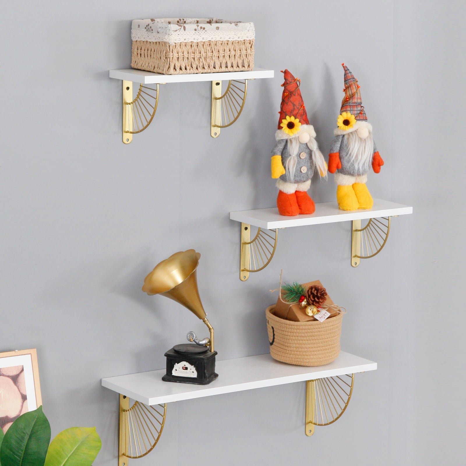 Floating Shelves for Home/ Office Décor Set of 3, Wall Mounted Bookshelf, Decor Wall Shelf, Storage Shelves, Spice Rack, White Shelf with Golden Metal Brackets, for Bedroom | Living Room | Bathroom |