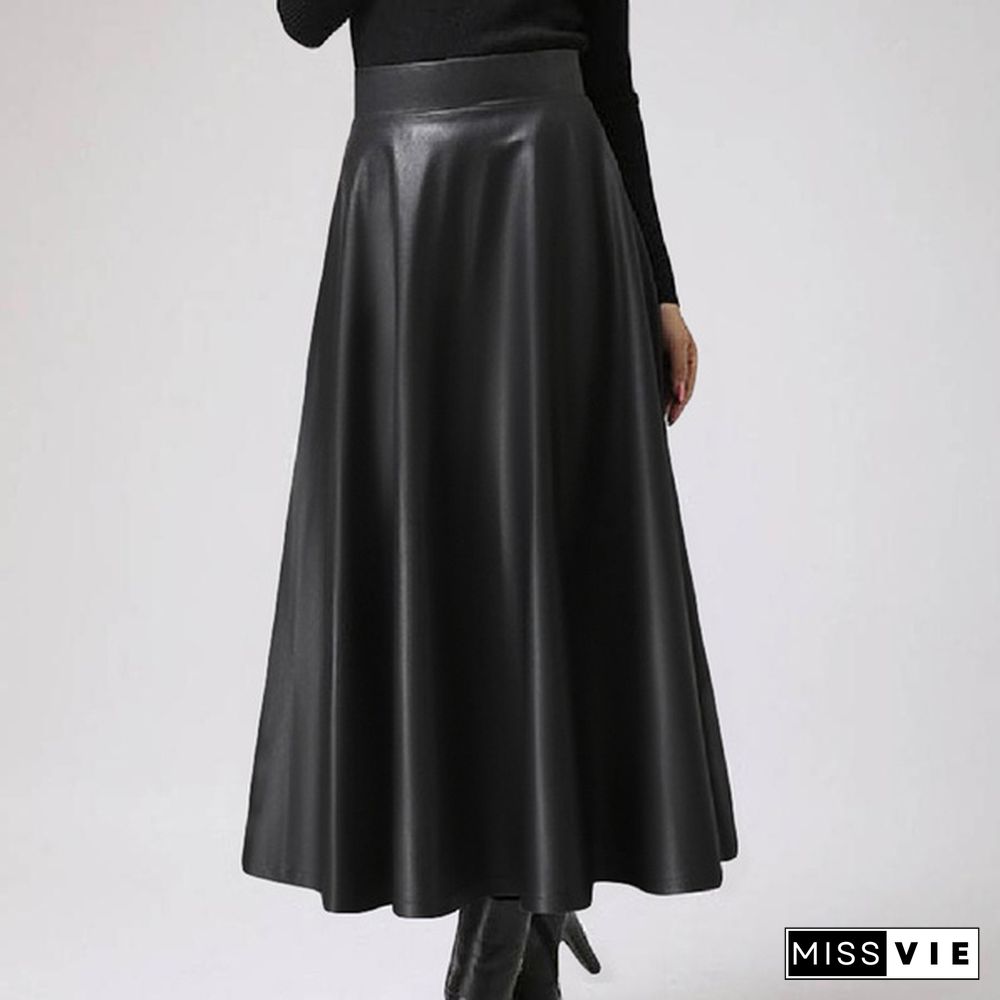 Women Pu Leather Maxi Skirt Autumn Winter Long Dress High Waist Party Casual Umbrella Skirt Plus Size Clothes