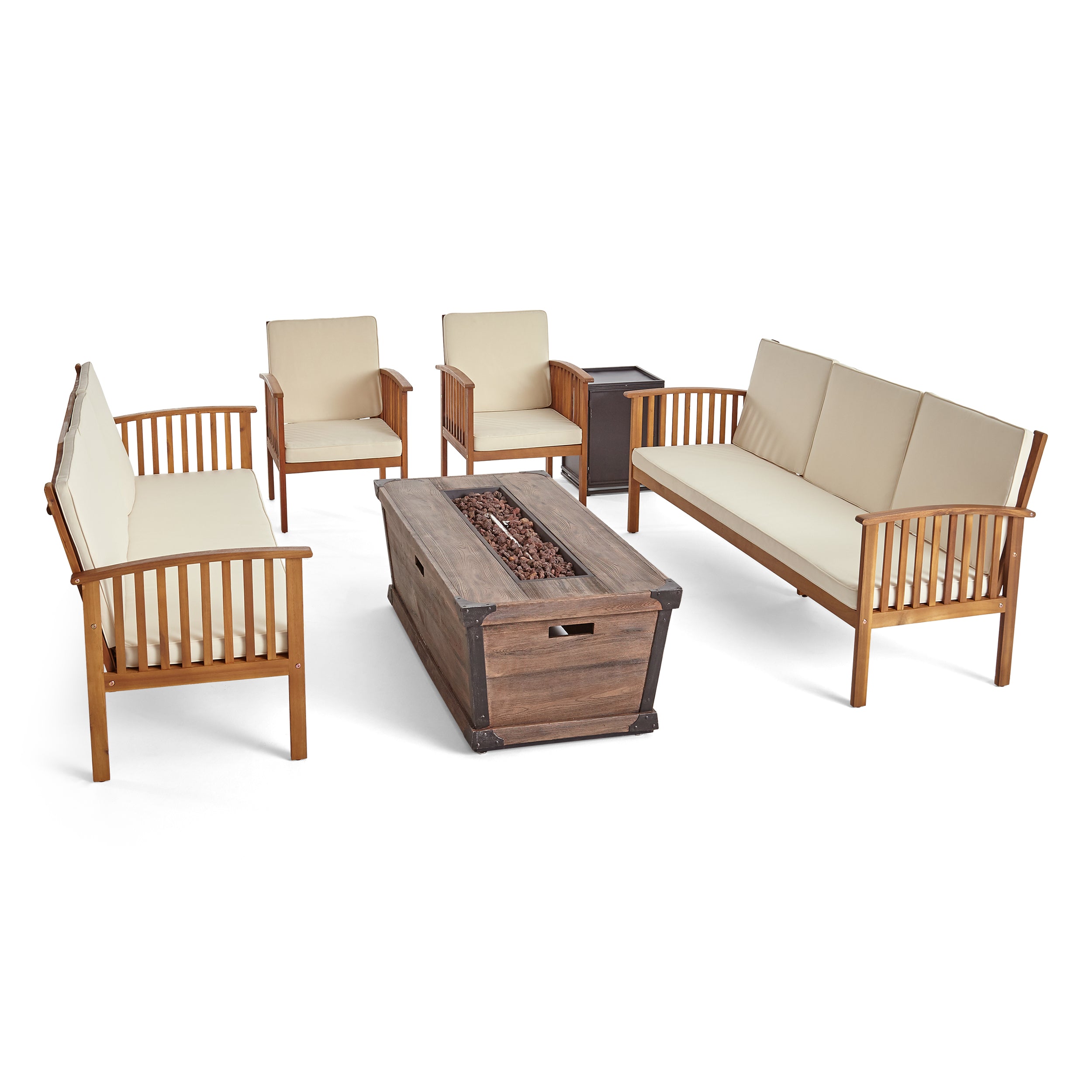 Beckley Outdoor 4 Piece Acacia Wood Conversational Sofa Set with Cushions and Fire Pit