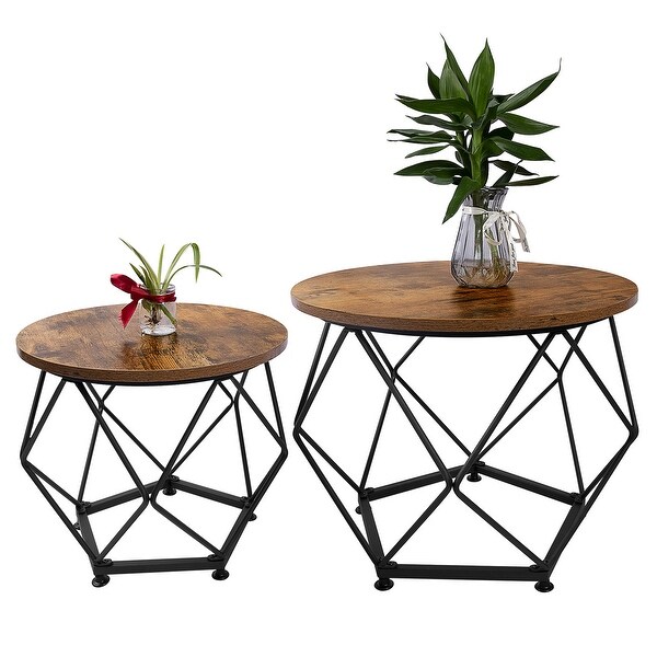 Brown Round Steel Outdoor Coffee Table Set of 2 with Wood Top