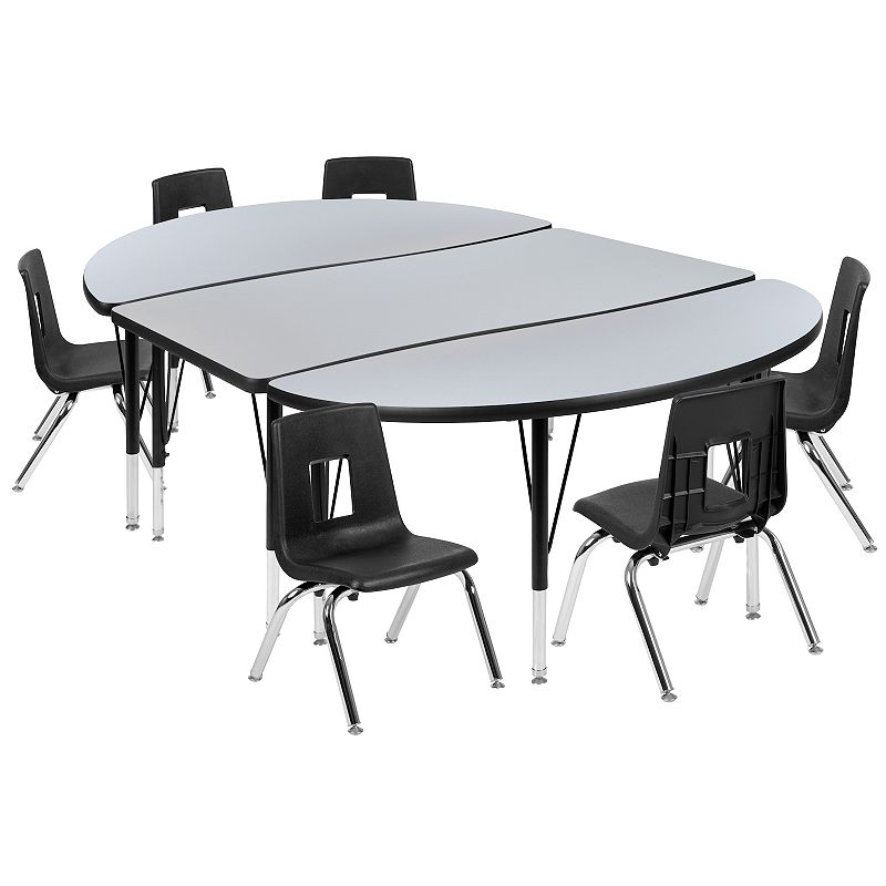 Emma and Oliver 76 Oval Wave Activity Table Set with 14 Student Stack Chairs， Oak/Black