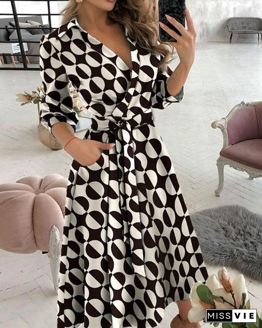 Elegant Print V Neck 3/4 Sleeve Wrap Midi Dresses