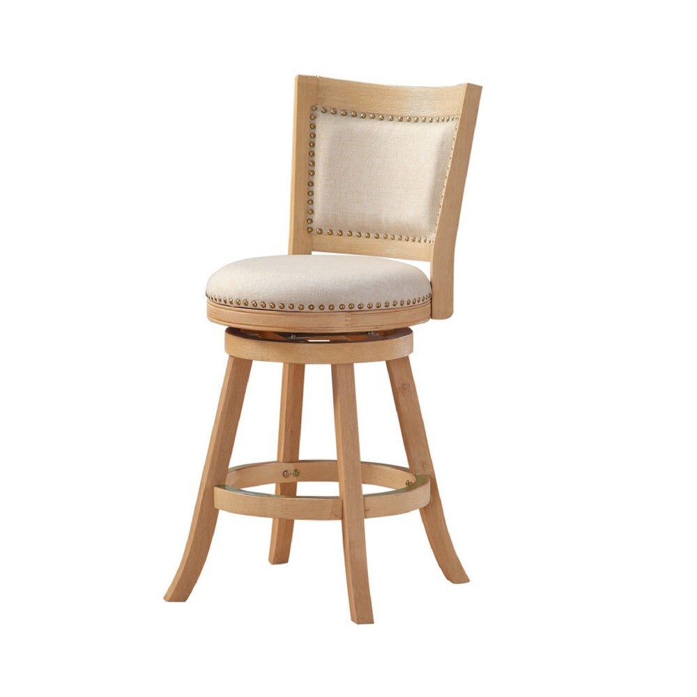 Kia 24 Inch Solid Wood Swivel Counter Stool， Curved Panel Back， Brass Nailheads， Ivory