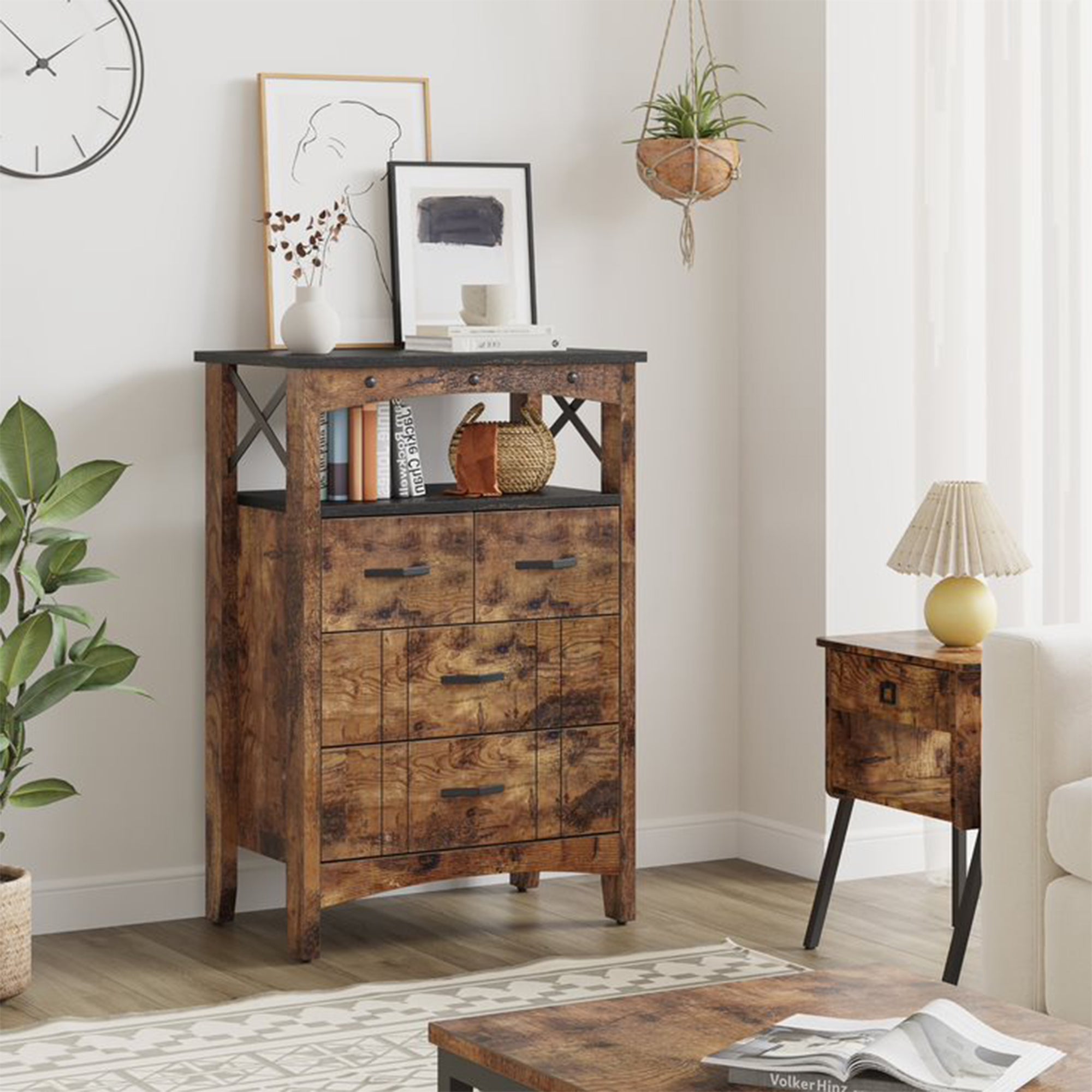 Bestier Living Room Storage Cabinet with 2 Shelves and 4 Drawers, Dark Brown