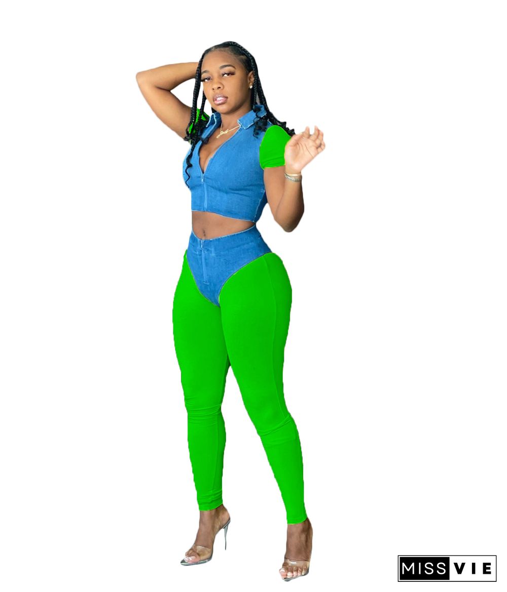 Contrast Color Patchwork Sexy Turn Down Collar Short Sleeve Crop Top+High Waist Jogger Pants 2 Piece Set